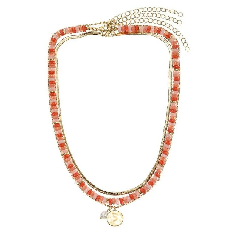 Time and Tru Women's Gold Tone Chain and Beaded Necklace Set, Pink and Coral, 3 Pieces | Walmart (US)