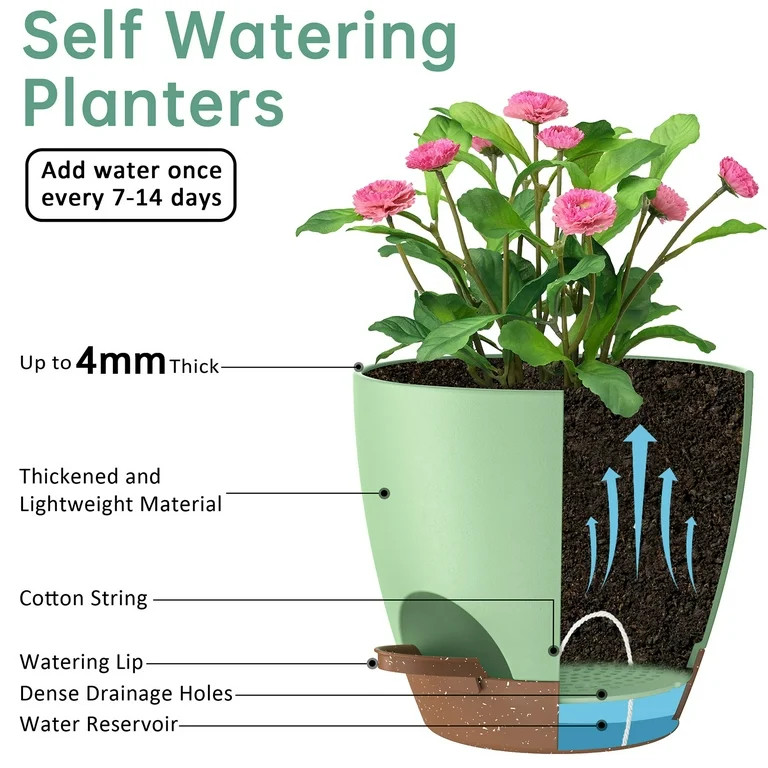 5 Pack Self Watering Plant Pots, Plastic Planters with Drainage Holes and Saucers, Flower Pots fo... | Walmart (US)