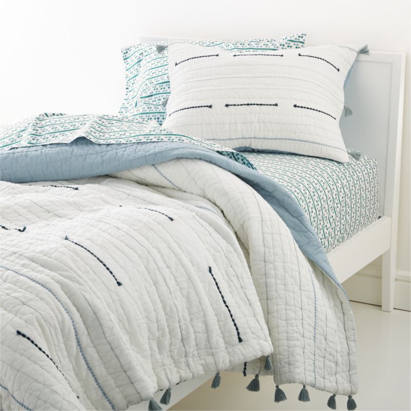 Blue Embroidered Texture Stripe Voile Kids Twin Quilt + Reviews | Crate & Kids | Crate & Barrel