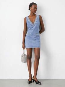 Maija Blue Denim Dress, Sexy European And American Style, Deep V-Neck Short Dress, Christmas Part... | SHEIN