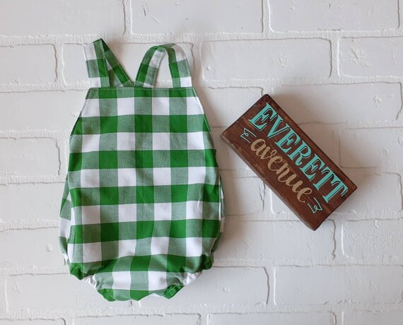 Green gingham plaid romper birthday outfit cross back green | Etsy | Etsy (US)
