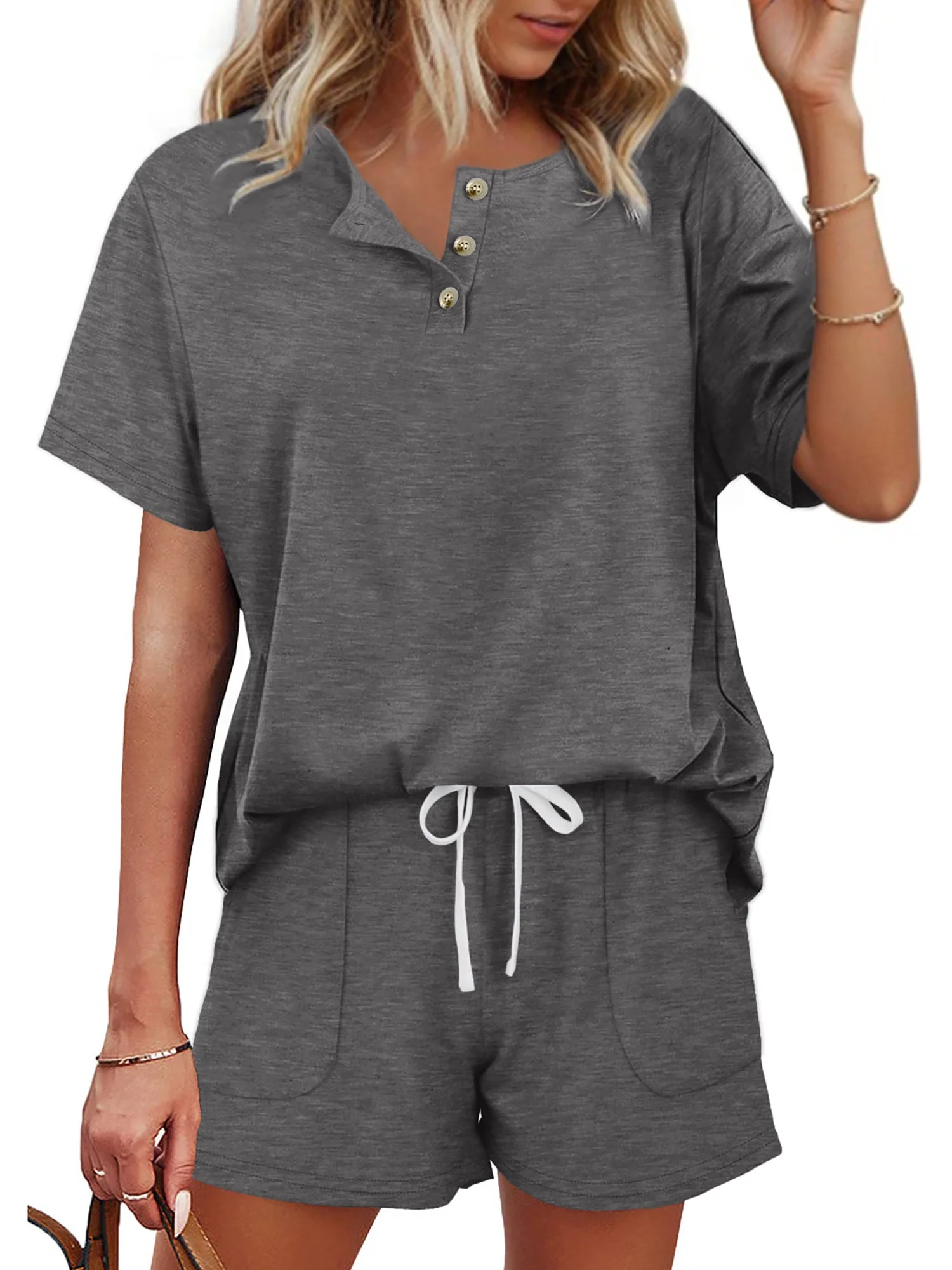 MOSHU Womens Pajamas Sets Button Down Tops and Drawstring Shorts With Pockets Two Piece Lounge Se... | Walmart (US)