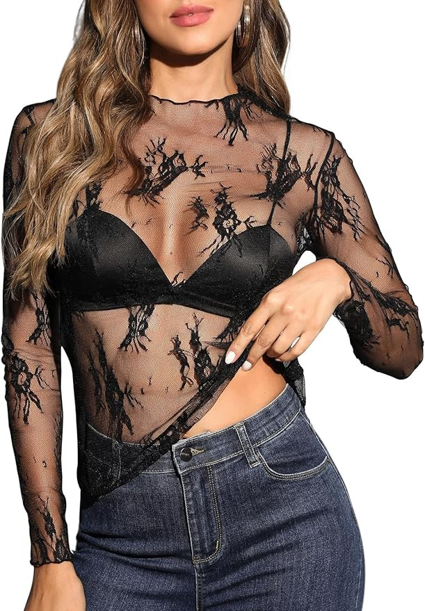 Xukk Women's Long Sleeve Mesh Top Mock Neck Sexy Sheer Tops Floral Embroidery Blouse Shirt Layeri... | Amazon (CA)