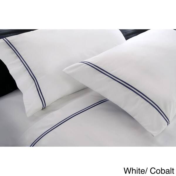Hotel Suite 4-piece 1200 Thread Count Cotton-rich Embroidery Bed Sheet Set - White/Cobalt - Queen | Bed Bath & Beyond