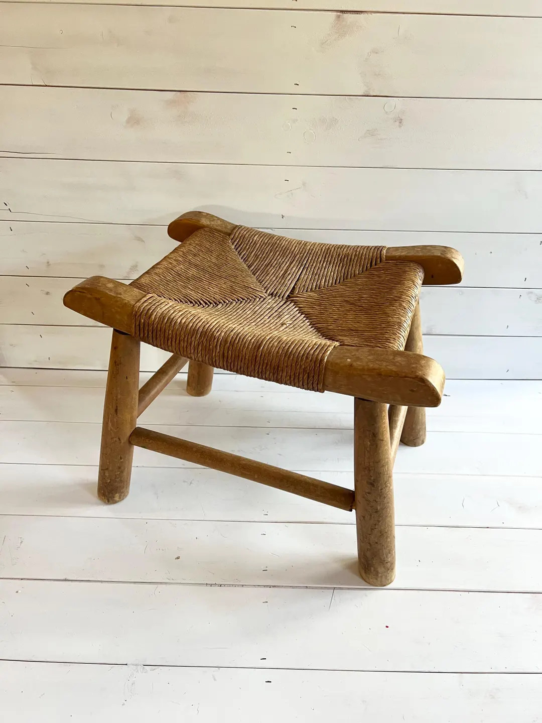 Vintage Woven Rush Seat Stool Vintage Saddle Seat Rustic Primitive Wood Stool Rustic Footstool Ca... | Etsy (US)