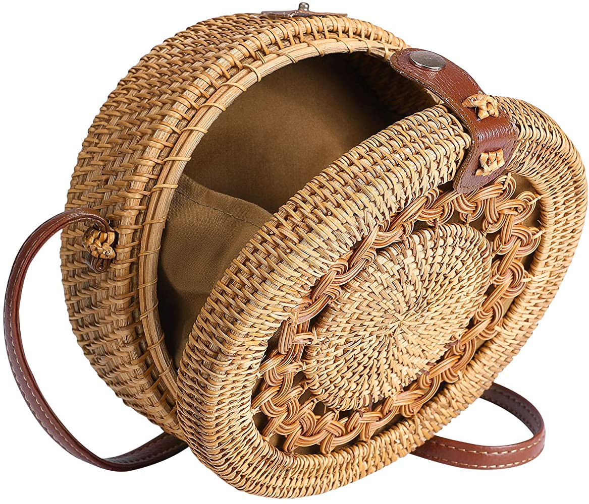 Round Rattan Bag for Women Straw Bag Handwoven Beach Bohemian Shoulder Purse by Enmain | Amazon (US)