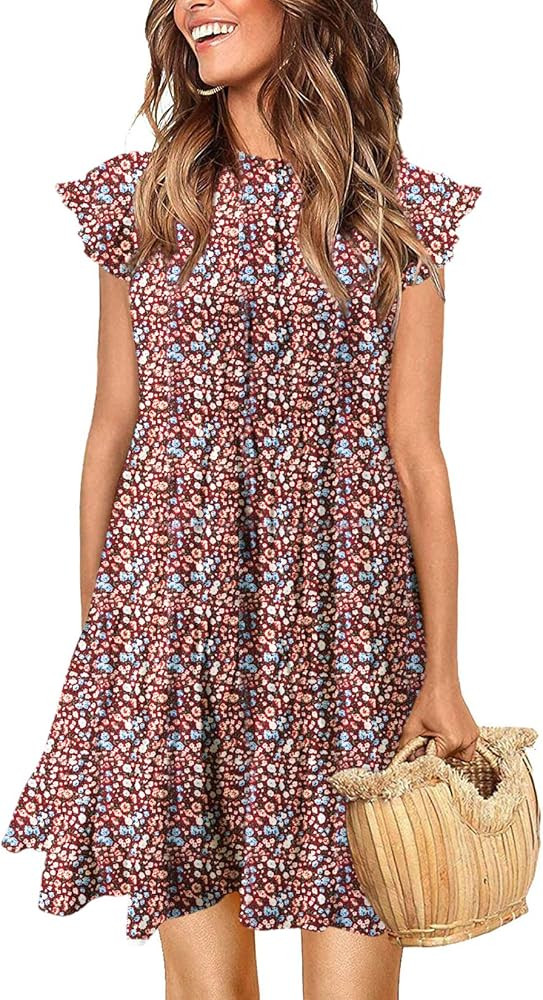 KIRUNDO Women’s Summer Dress Sleeveless Ruffle Sleeve Round Neck Mini Dress Solid Color Loose F... | Amazon (US)