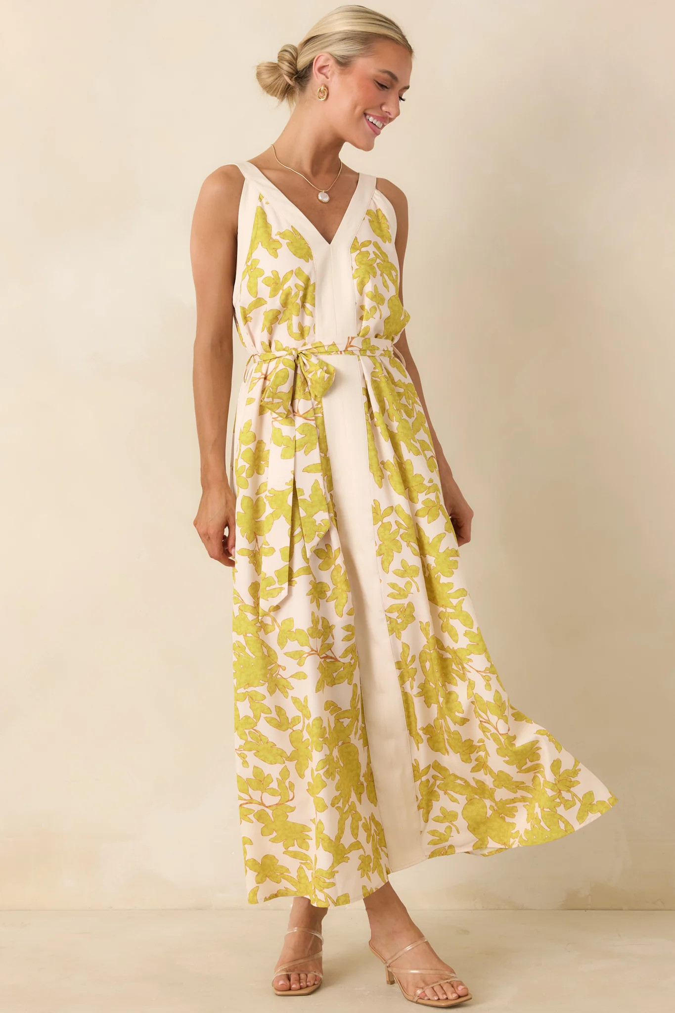 Living For It Light Green & Ivory Floral V-Neck Tie Belt Dress | Red Dress