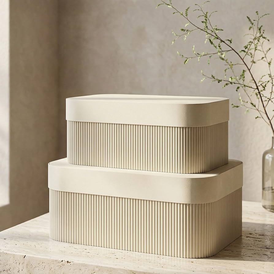 Decorative Storage Boxes with Lids – Set of 2 Beautiful Fluted Cardboard Organizer Bins for You... | Amazon (US)