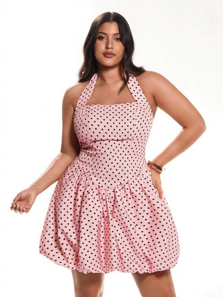 Solavibe Plus Size Polka Dot Print Halter Tie Back Backless Dress,Vacation, Plus Size Babydoll Dress, Skater Dress Plus Size, Tea Party Dress Curve, Brunch Outfits For Curve, Women's Polka Dot Print Halter Tie Back Backless Mini Dress Vintage Dress Tea Party Dress Cute Dress Cute Dresses Tea Party Dress Women,Brunch Outfits For Women Sundress,Brunch Outfits For Women,Summer Dresses For Women/Valentine's Day | SHEIN