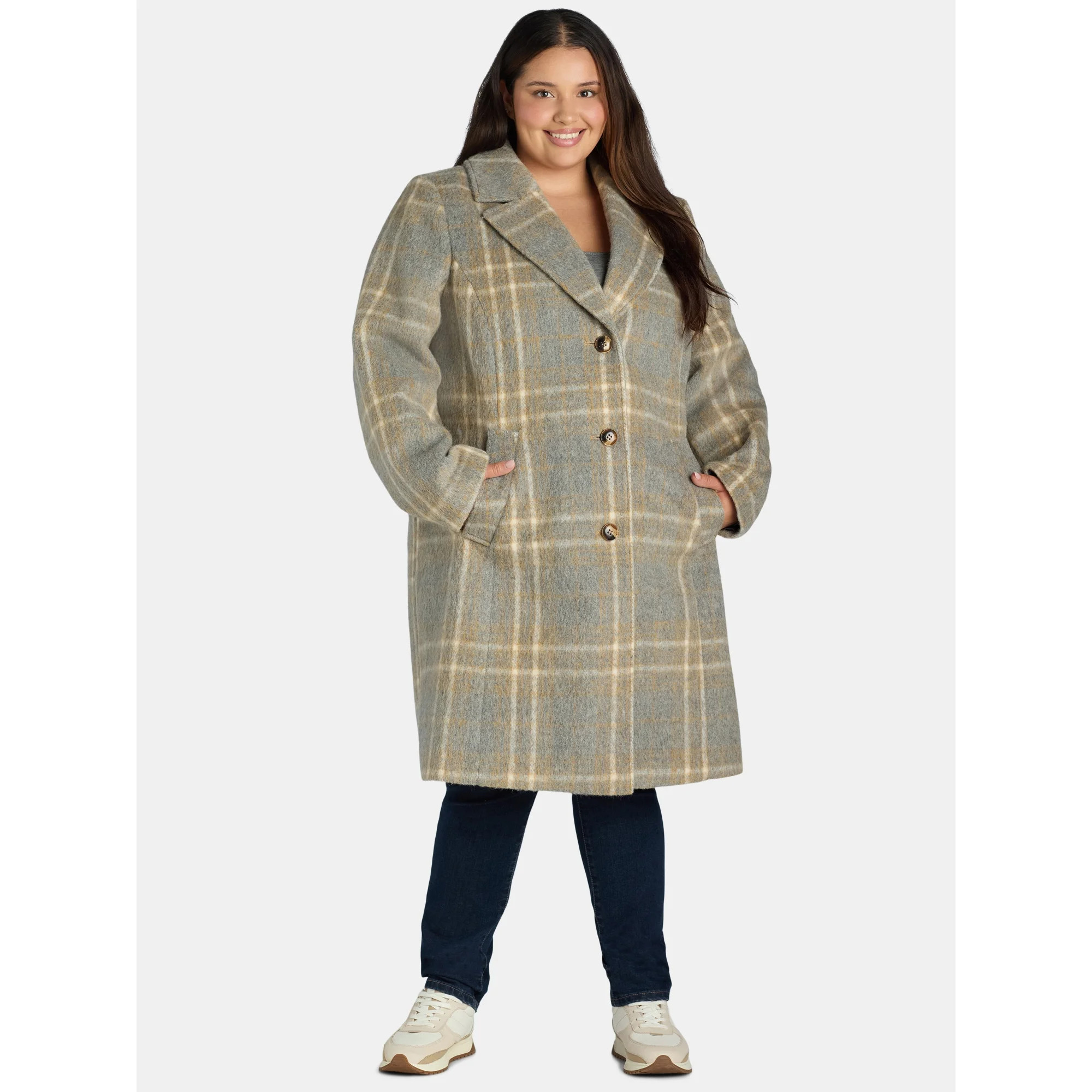 Time and Tru Women's and Women's Plus Faux Wool Solid Button Front Coat, Sizes XS-3X - Walmart.co... | Walmart (US)