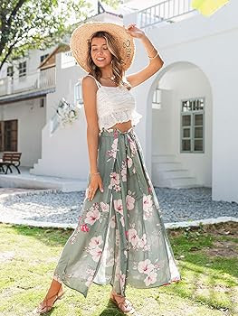 Simplee Women's Elegant Striped Split High Waisted Belted Flowy Wide Leg Pants | Amazon (US)