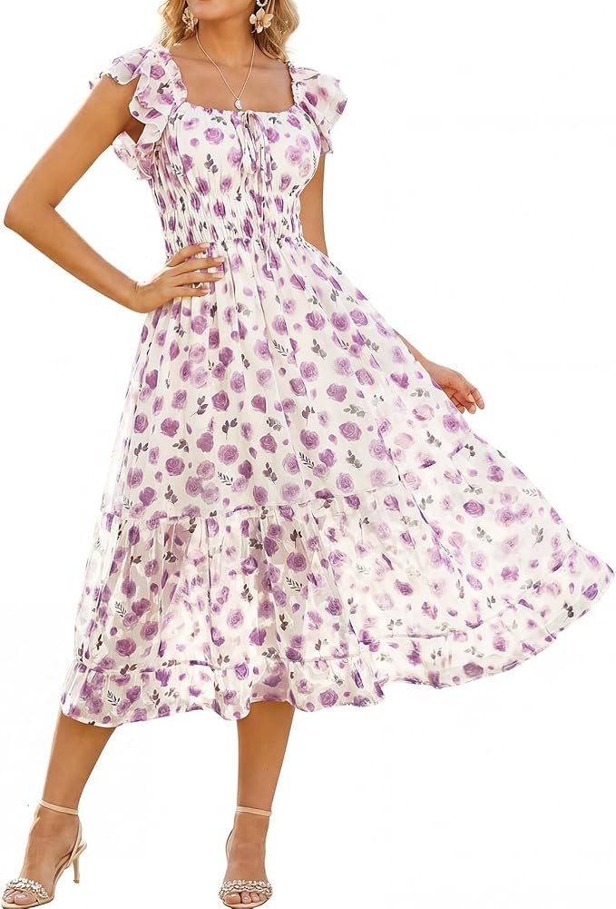 GRACE KARIN 2026 Women's Spring Floral Midi Dress Square Neck Beach Wedding Guest Dresses Flowy A... | Amazon (US)