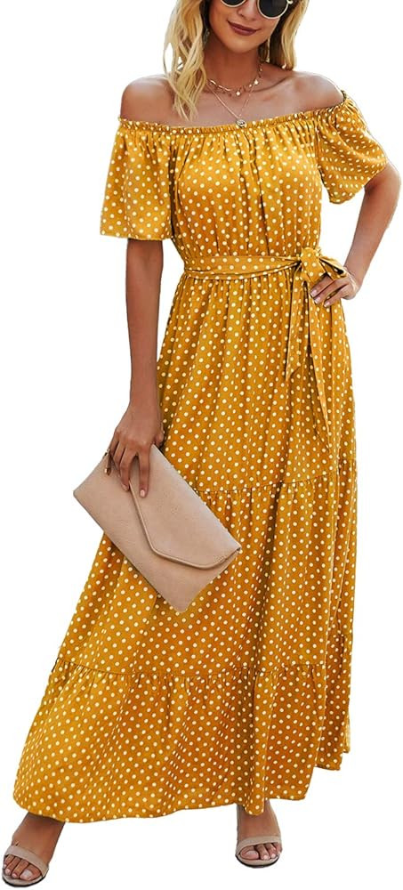 KIRUNDO Summer Women’s Off Shoulder Maxi Dress Polka Dots Short Sleeves High Waist Pleated Long Dres | Amazon (US)