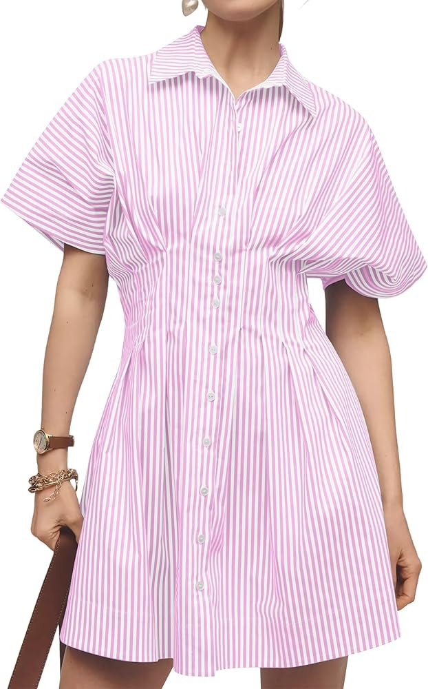 Women’s Button Front Down Pleated Shirt Dress Summer Casual Striped Short Sleeve Blouse Mini Dr... | Amazon (US)