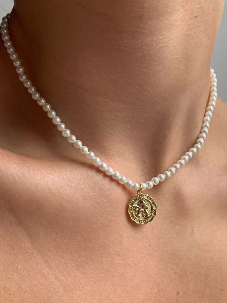 Angel Charm Faux Pearl Beaded Necklace | SHEIN