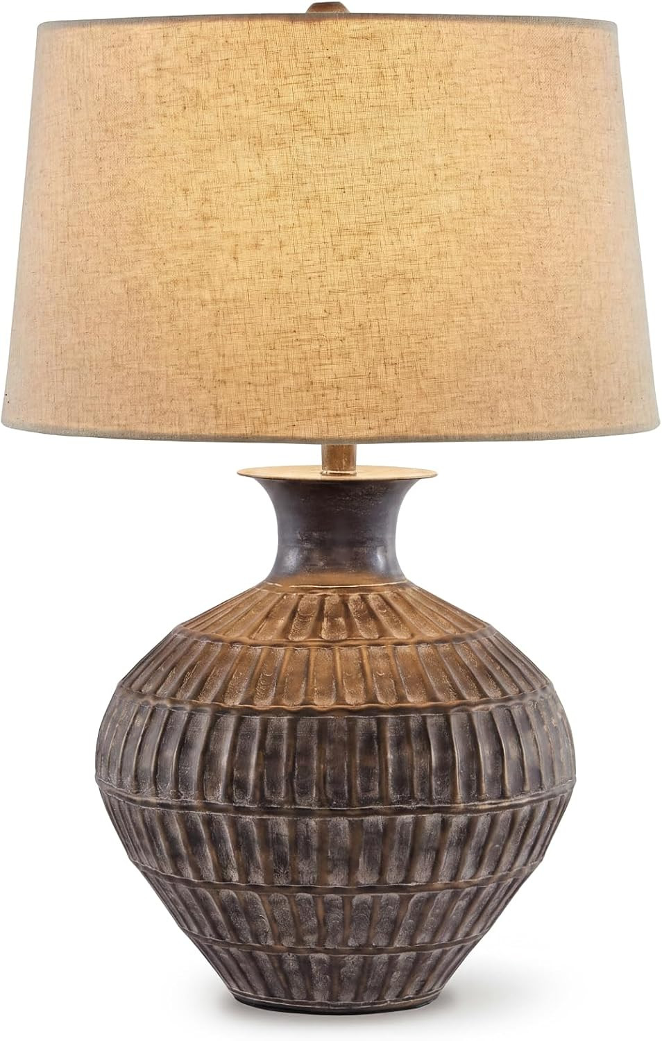 Signature Design by Ashley Magan Metal Table Lamp, 28", Antique Bronze | Antique bronze-tone metal base, Textured pattern, Fabric modified drum shade, Living room or entryway use, 3-way switch | Amazon (US)
