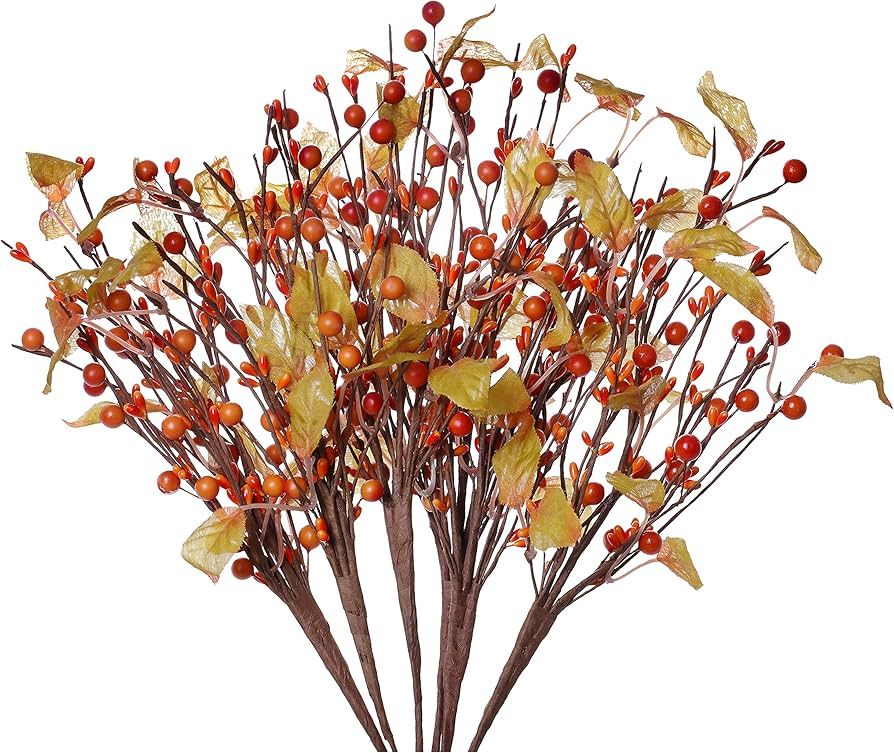 6 Pack Fall Stems, Artificial Fall Picks Berry Stems Autumn Eucalyptus Leaves Spray with Pip Berr... | Amazon (US)