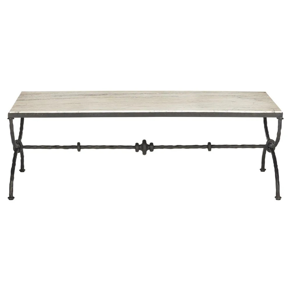 Arlene Updated Traditional White Travertine Bronze Iron Rectangular Coffee Table | Kathy Kuo Home