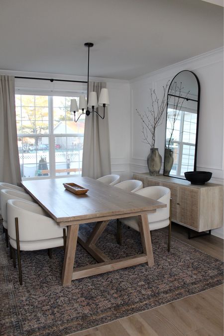 Dining room furniture, dining room, dining table, chairs, sideboard, cabinet, mirror, vase, bowl, rug, chandelier, curtain, curtain rod

#LTKhome #LTKSeasonal #LTKstyletip