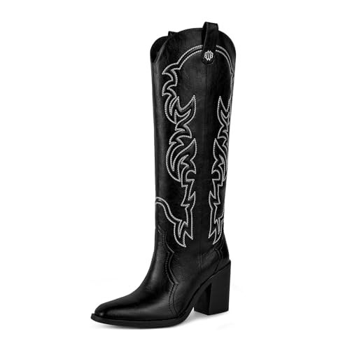 wetkiss Knee High Black Cowboy Boots for Women, Embroidered Cowgirl Boots with Chunky Heel Comfort Tall Western Black Boots for Women | Amazon (US)
