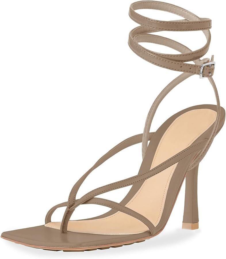 Coutgo Women's Lace Up Heeled Sandals Flip Flop Pumps Square Open Toe Strappy Stiletto Heels Summ... | Amazon (US)