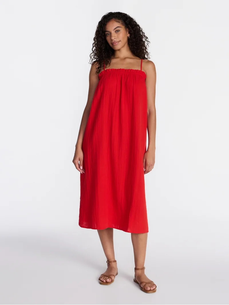 Time and Tru Women's Sleeveless Double Cloth Cotton Midi Dress, Sizes XS-XXXL | Walmart (US)