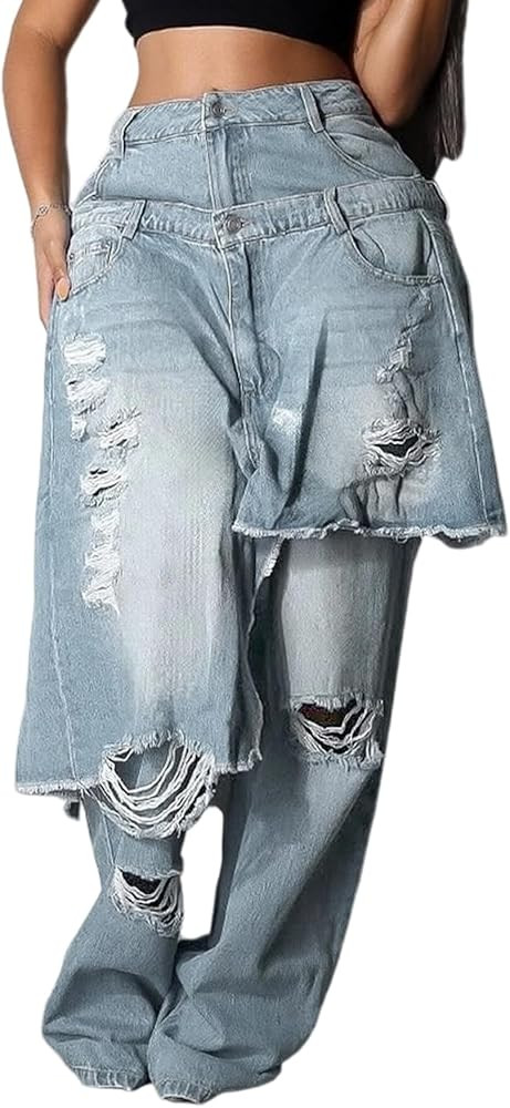 DINGANG Women's Ripped Jeans Baggy Distressed High Waisted Straight Wide Leg Asymmetrical Patchwo... | Amazon (US)