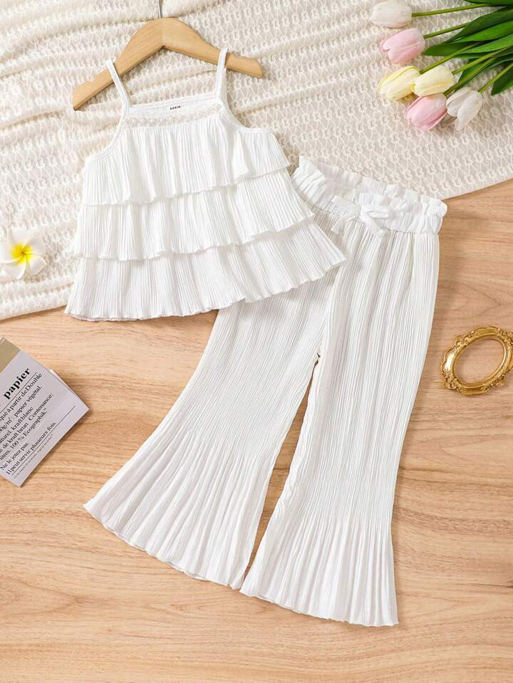 SHEIN Young Girl Chiffon Spaghetti Strap Top And Bell Bottom Pants Set | SHEIN