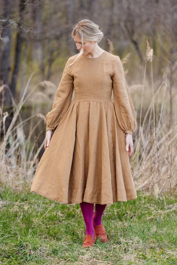 BISHOP SLEEVE DRESS  Hemp Material Light Brown Dress Puff - Etsy UK | Etsy (UK)
