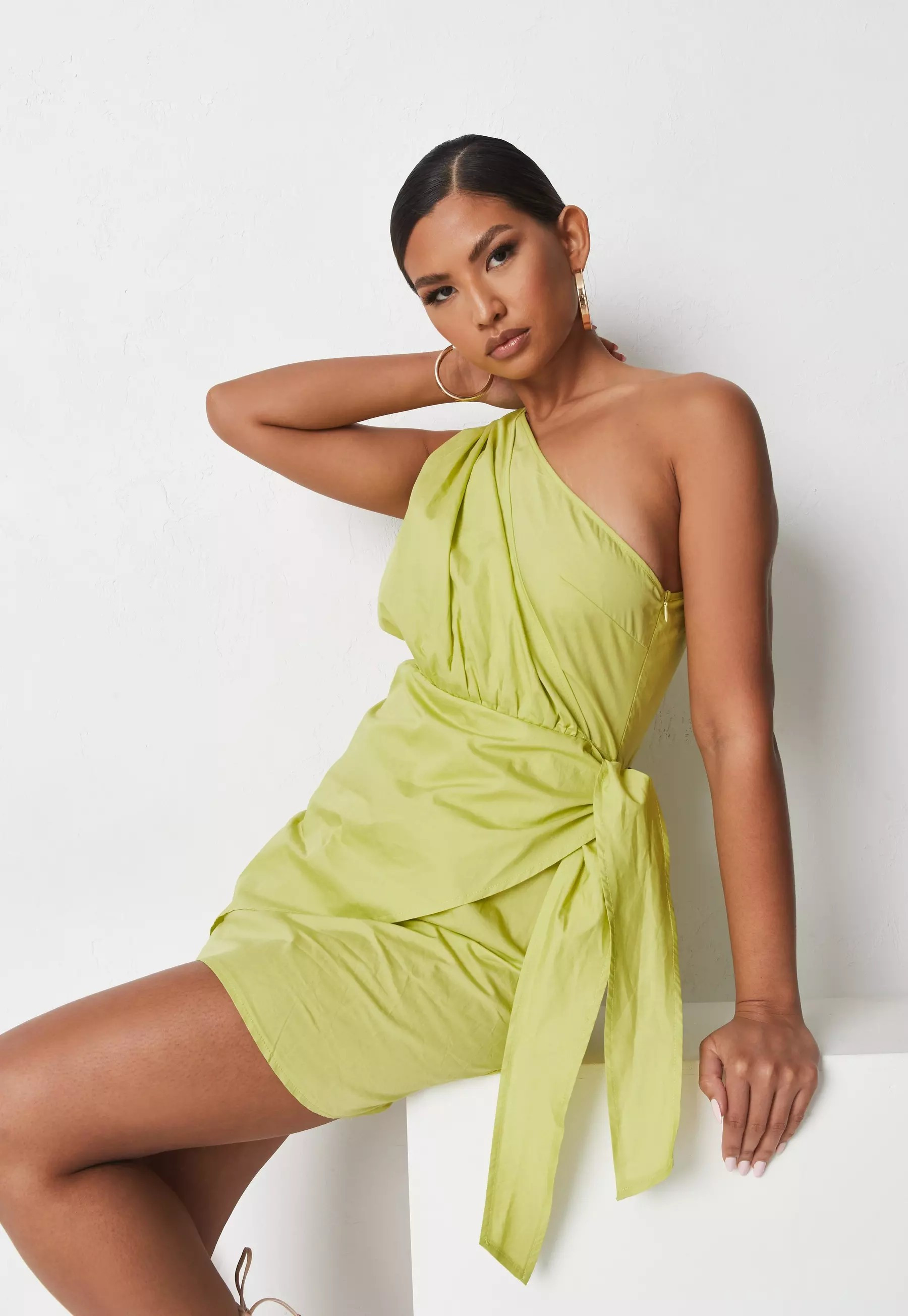 Lime Tie Side One Shoulder Mini Dress | Missguided (US & CA)