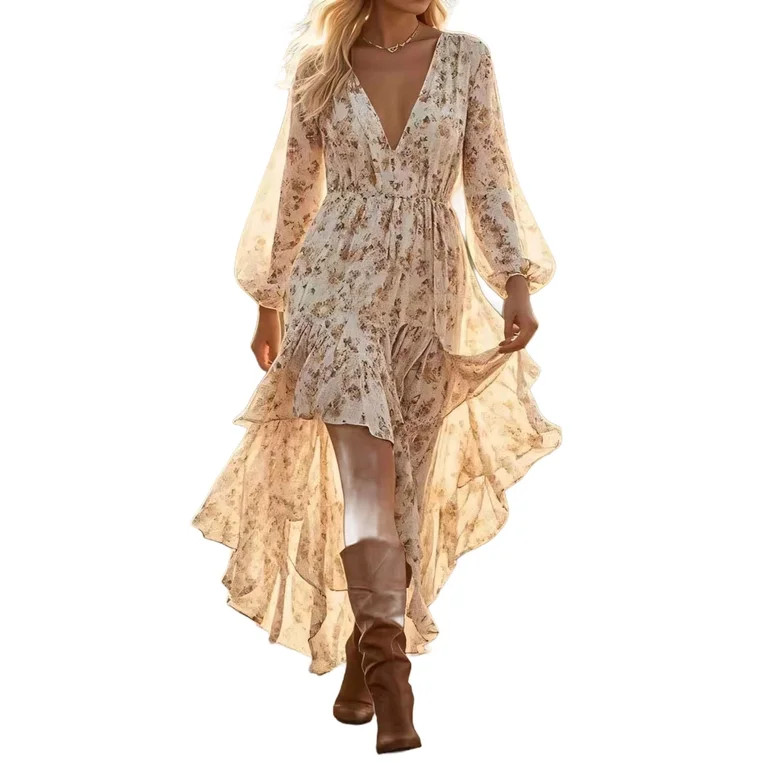 Western Cowgirl Dress for Women Spaghetti Strap Deep V Tie Front Dresses Vintage Boho Floral Maxi... | Walmart (US)