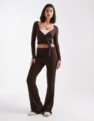 Pieces flare leggings and wrap top co-ord in chocolate brown | ASOS (Global)