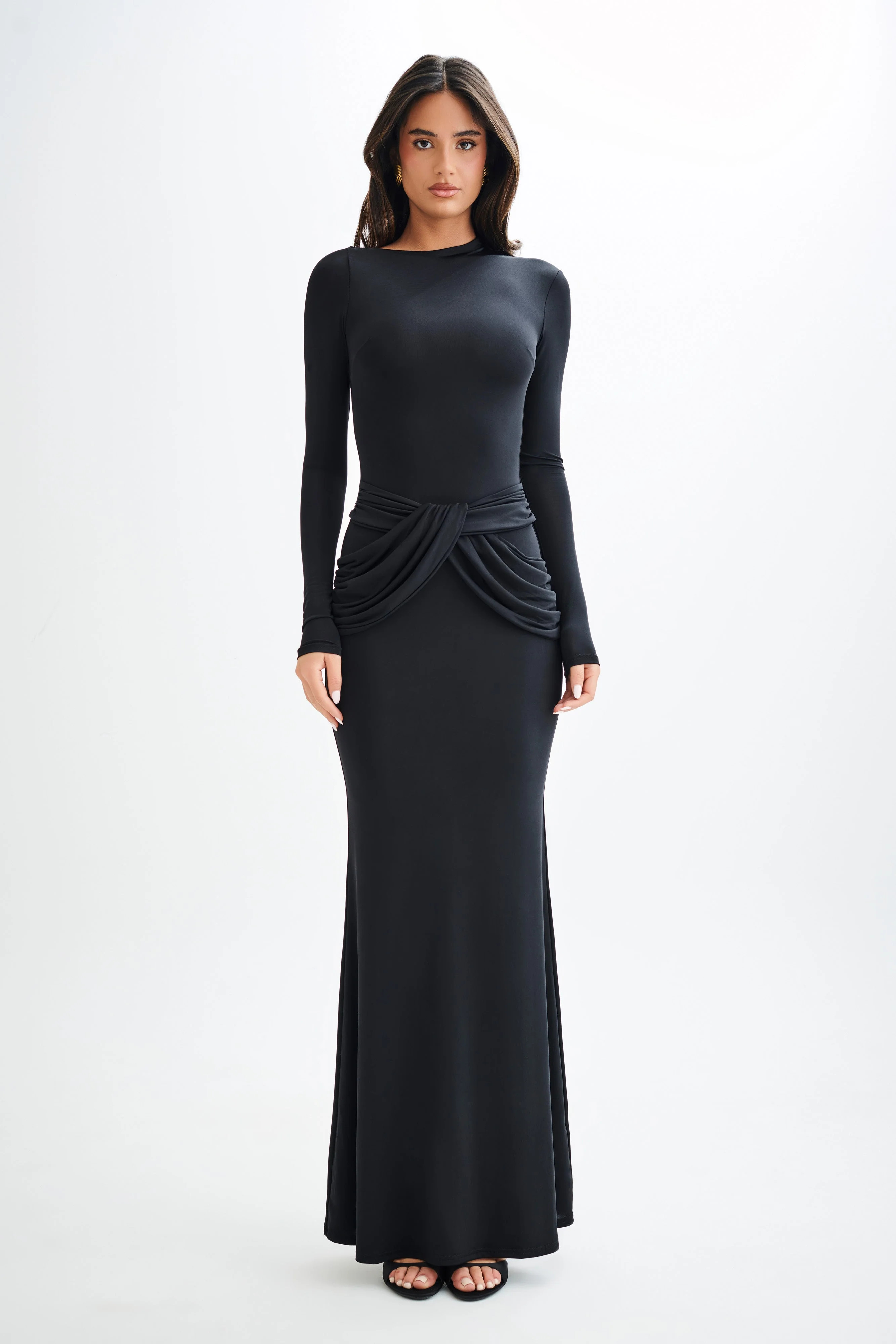 Halcyon Long Sleeve Slinky Maxi Dress - Black | MESHKI US