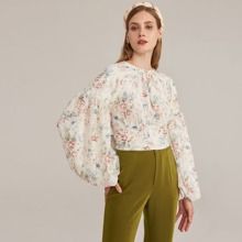 Lantern Sleeve Split Knot Back Embroidery Chiffon Floral Top | SHEIN