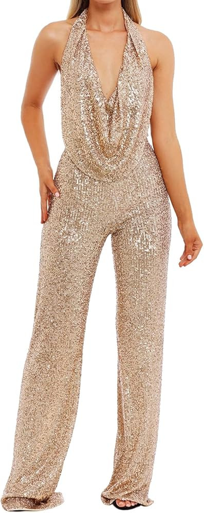 Sparkly Sequin Jumpsuit Halter Neck Backless Sequin Overalls Glitter Pants | Amazon (US)