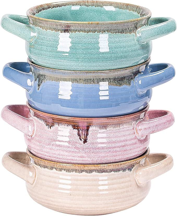 Cutiset 20 Ounce Fancy Glazed Ceramic Soup Bowls with Handles,for French Onion, Soup, Chili, Set ... | Amazon (US)