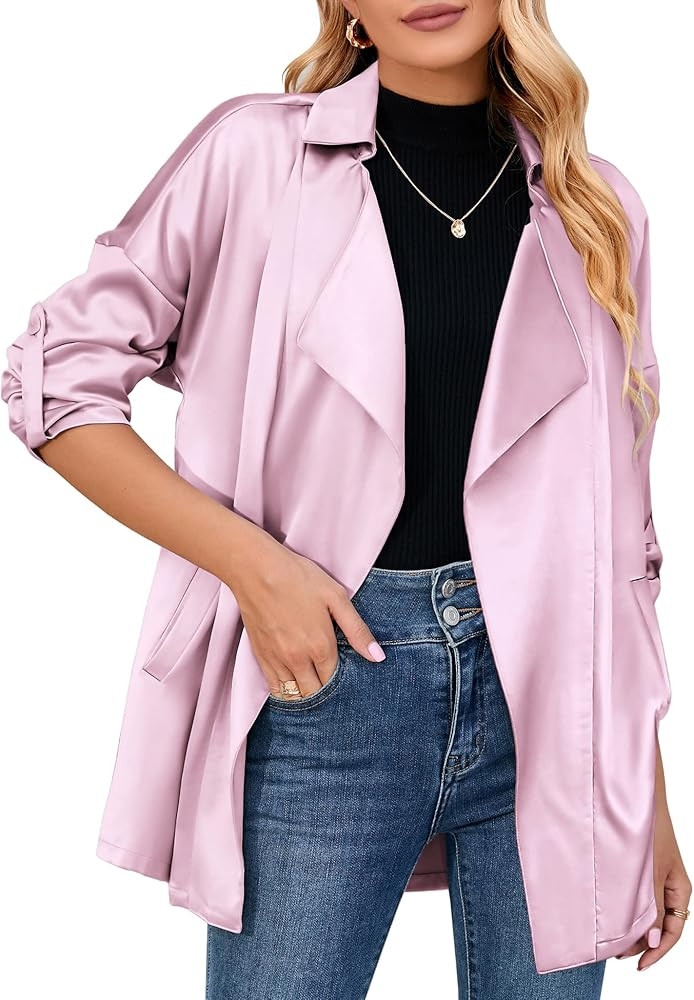 Zeagoo Womens Oversized Blazer Jackets Satin Roll Sleeve Open Front Casual Work Cardigan Jacket w... | Amazon (US)