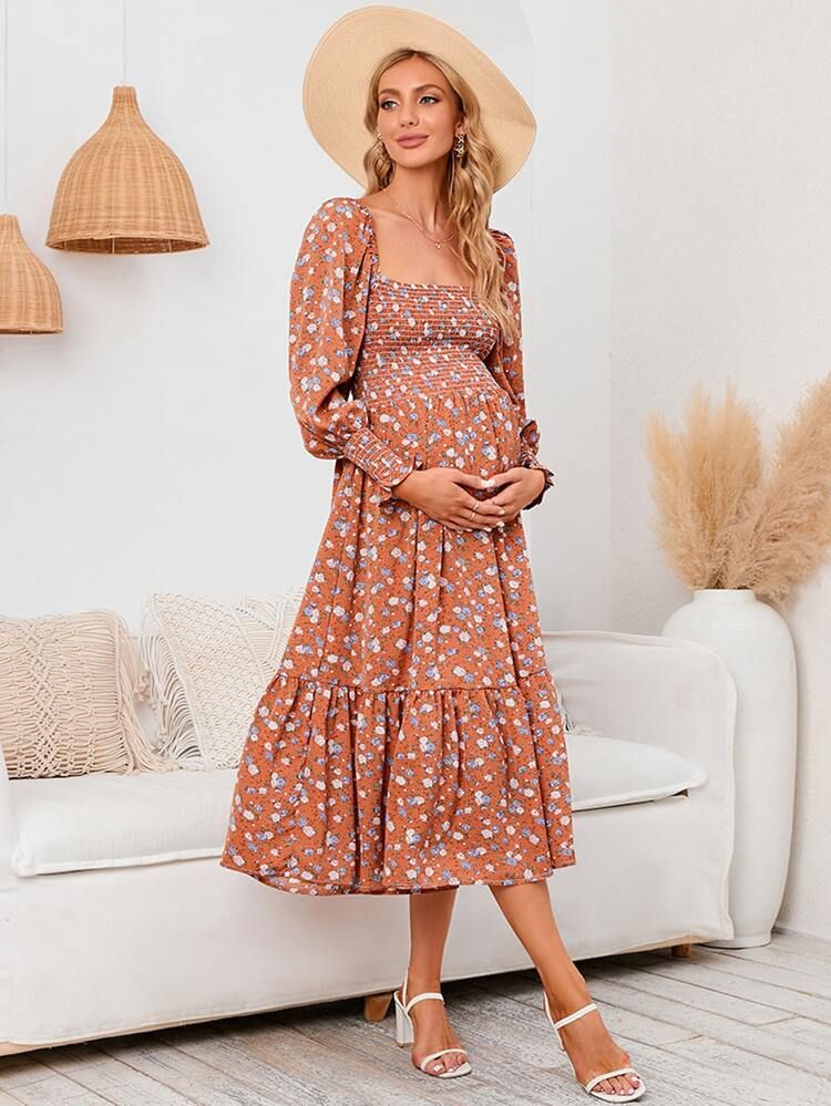 Maternity Floral Print Flounce Sleeve Ruffle Hem Dress | SHEIN