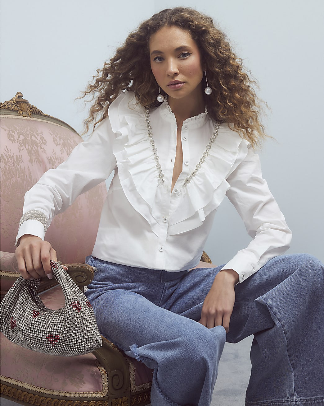 White Diamante Embellished Ruffle Shirt | River Island UK & IE