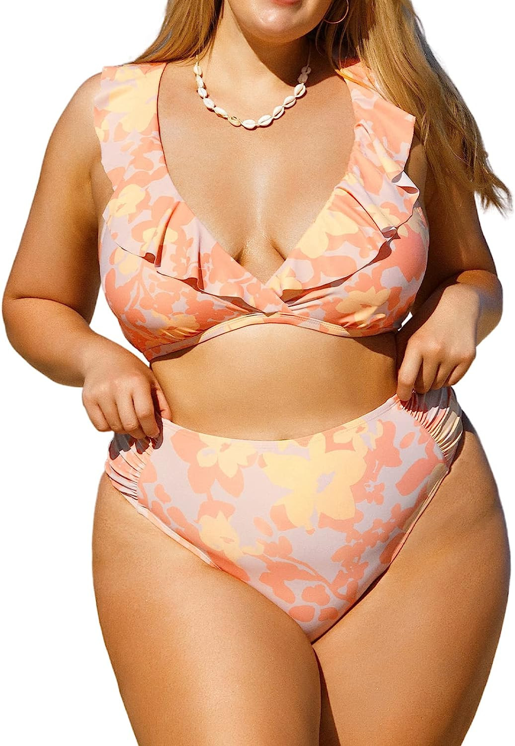 CUPSHE Women Swimsuit Plus Size Bikini Set High Waisted Shirred Bottom V Neck Floral Ruffled Stra... | Amazon (US)