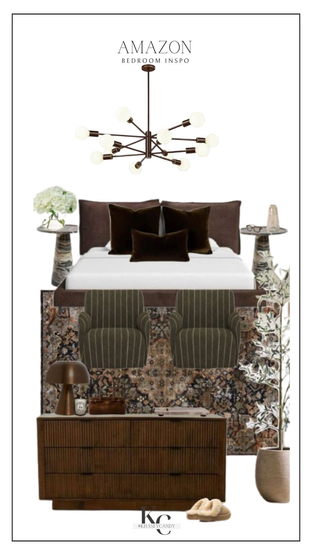 Moody elevated bedroom interior design inspo 

brown bed frame, green striped accent chairs, brown rug, stone side table, gold lamp, brown dark wood dresser 

#LTKSaleAlert #LTKHome