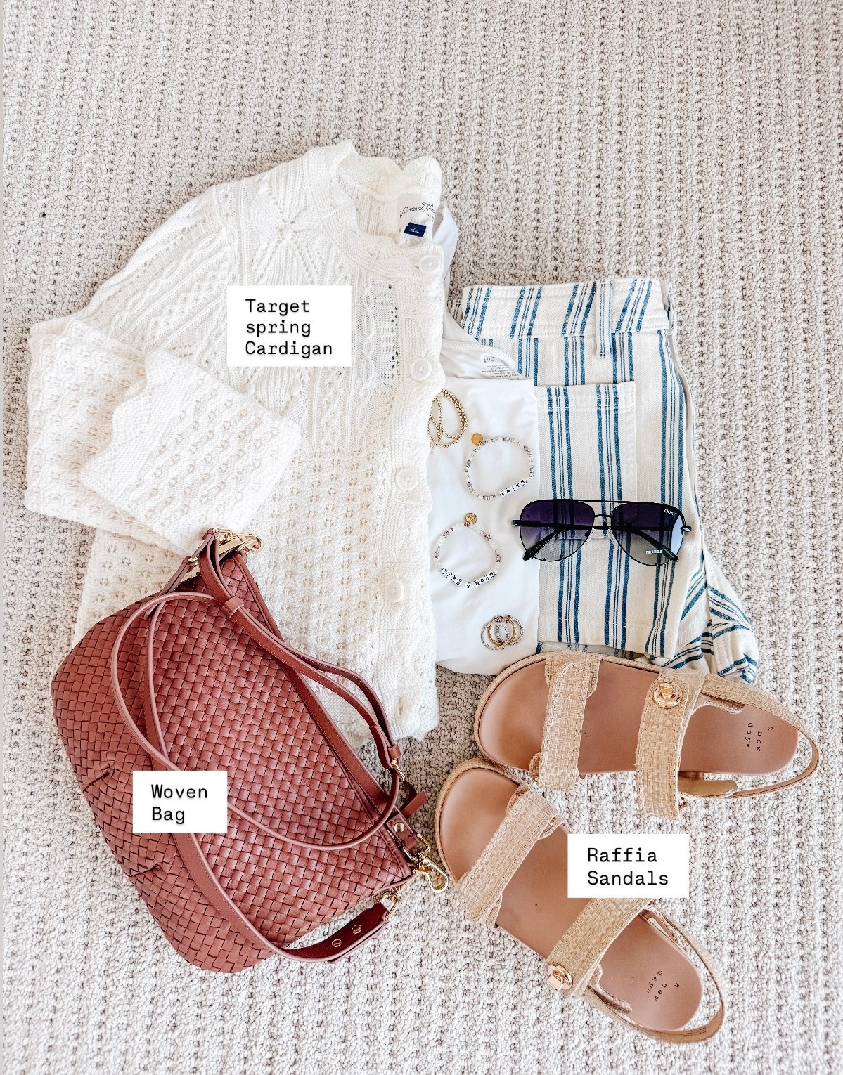 Easy neutral spring outfit you can wear on repeat 🤍 this look features a lightweight Target cardigan paired with casual striped shorts, woven crossbody bag and raffia sandals for an effortless everyday outfit. Perfect spring outfit idea for running errands, spring outings, or casual weekends, with comfortable neutral pieces you can mix and match all season. Resort outfit, spring break outfit, spring outfit, beach vacation outfit  Follow me on LTK for daily fashion, home decor & Amazon finds.

#LTKootd #LTKSeasonal #LTKSaleAlert