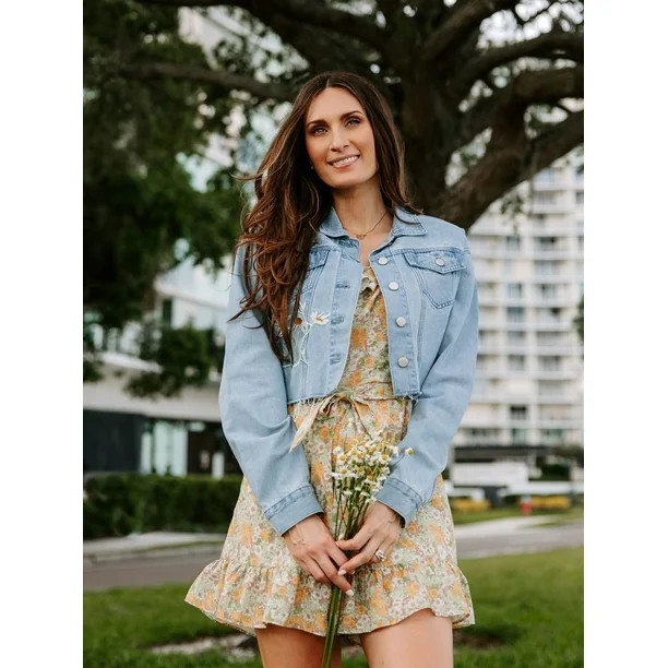 Label Rail x CheapChicFinds Women's Cropped Distressed Denim Jacket with Embroidery | Walmart (US)