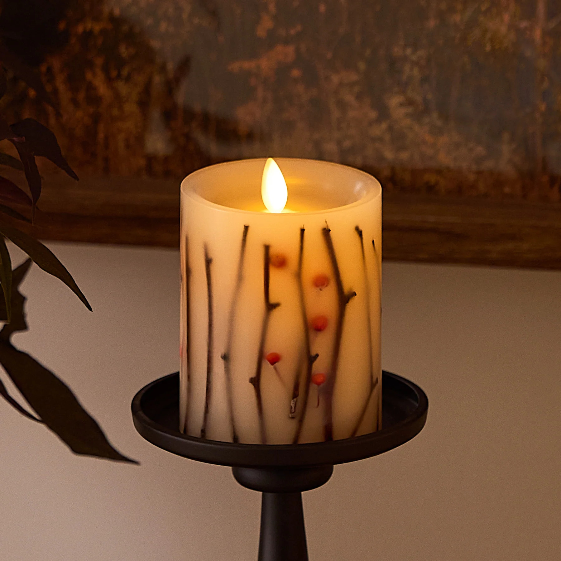 Pearl Ivory Embedded Orange Berries & Twigs Flameless Candle Pillar | Luminara