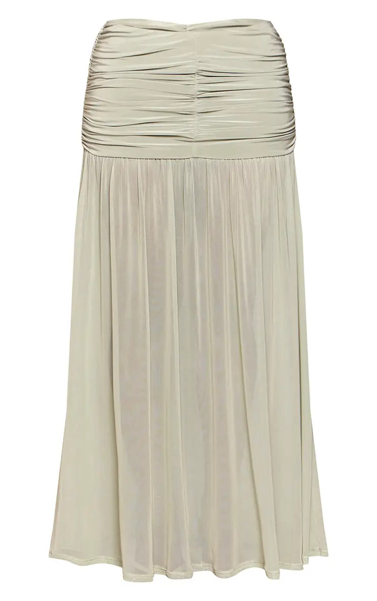 Petite Sage Green Ruched Slinky Mesh Hem Maxi Skirt Co-ord | PrettyLittleThing UK