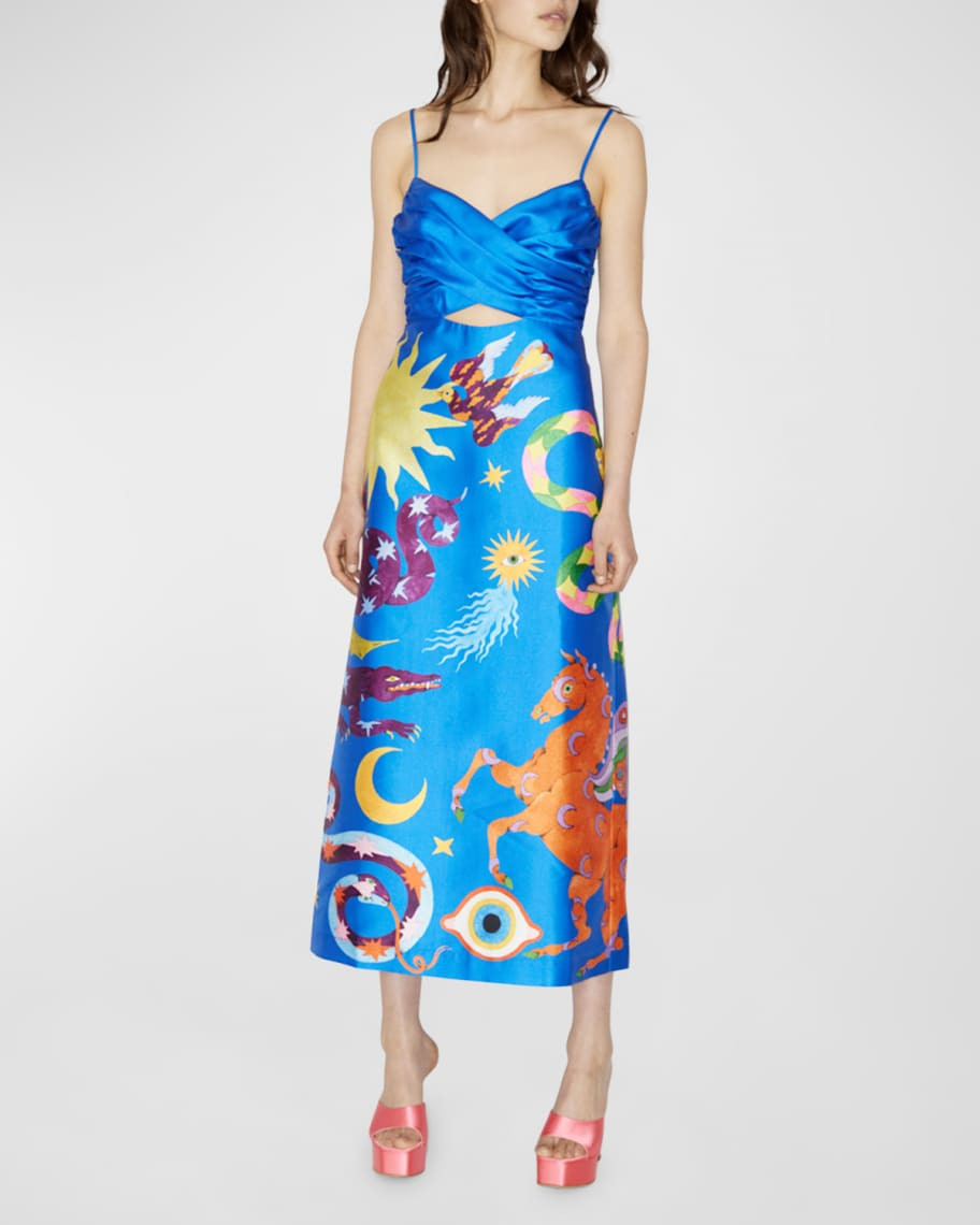 ALEMAIS Guardian Printed Satin Keyhole Midi Dress | Neiman Marcus