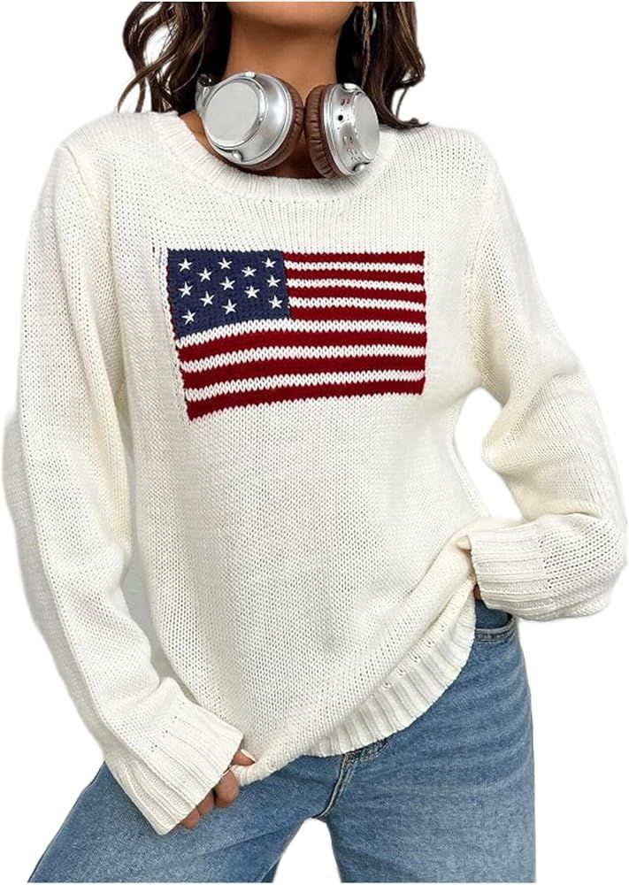 Women's American Flag Sweater Vintage Star Print Long Sleeve Crew Neck Sweater Top 4th of July Kn... | Amazon (US)