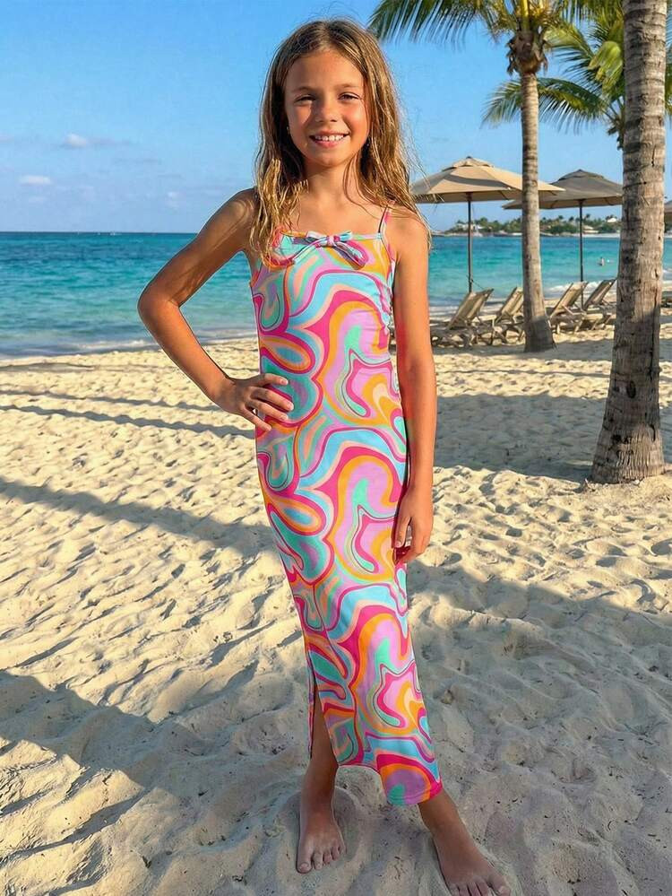 Emery Rose Kids Young Girls Casual Mixed Knitted Tie-Dye V-Neck Sleeveless Dress Young Girl Casual Street Style Tie-Dye Slip Dress Holiday Outfits Young Girls Colorful Abstract Summer Midi Cami Dress With Bow Detail For Beach Holiday | SHEIN