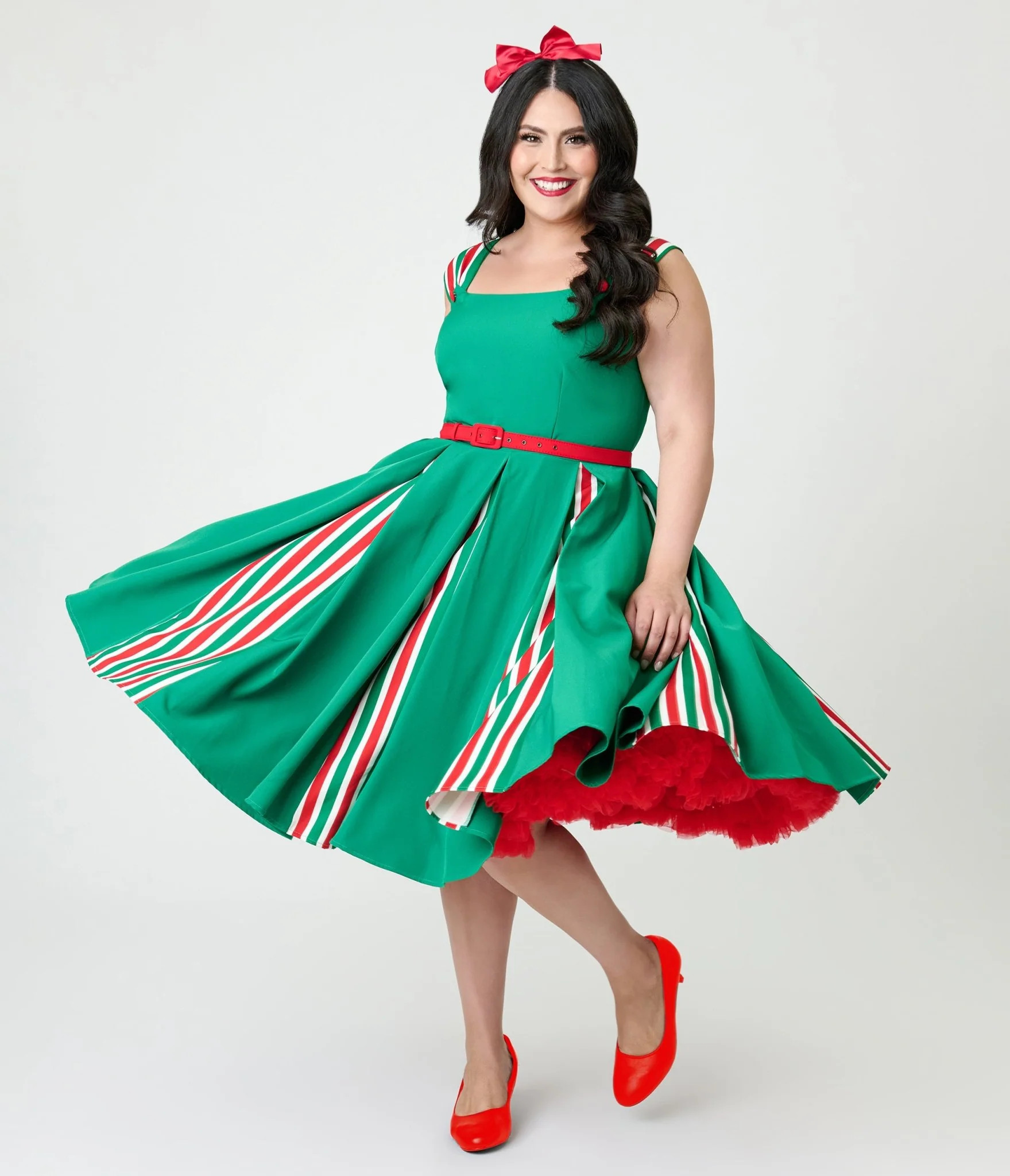 Unique Vintage Plus Size Green & Candy Cane Stripe Swing Dress | UniqueVintage